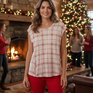 Bobeau - Asymmetrical Red & White Plaid Blouse, Short Flutter Sleeve, Size M